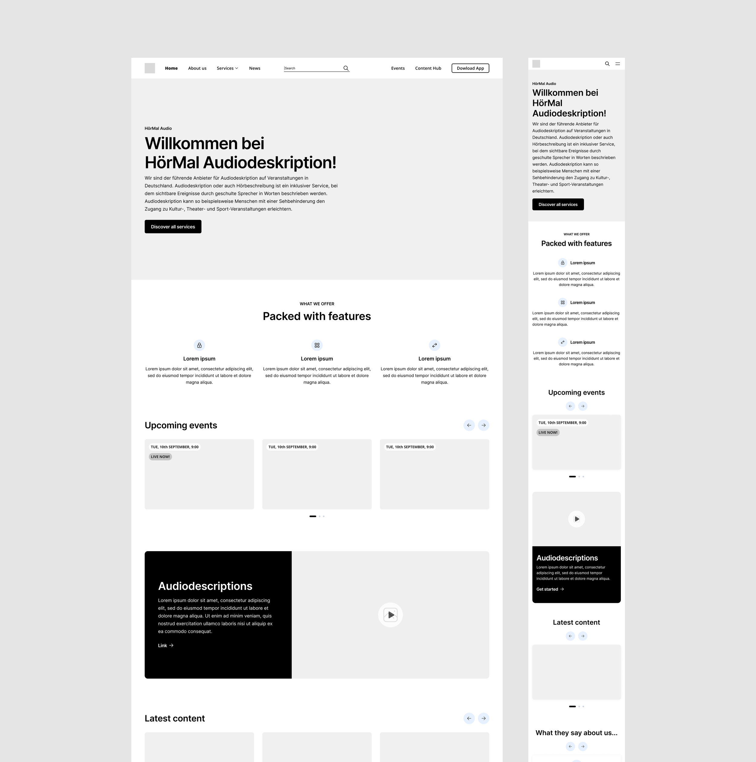 A website design layout showcasing a service called HörMal Audiodeskription. The main heading is in German, and the page includes sections for features, upcoming events, audiodescriptions, latest content, and testimonials. The layout is shown in both desktop and mobile views.