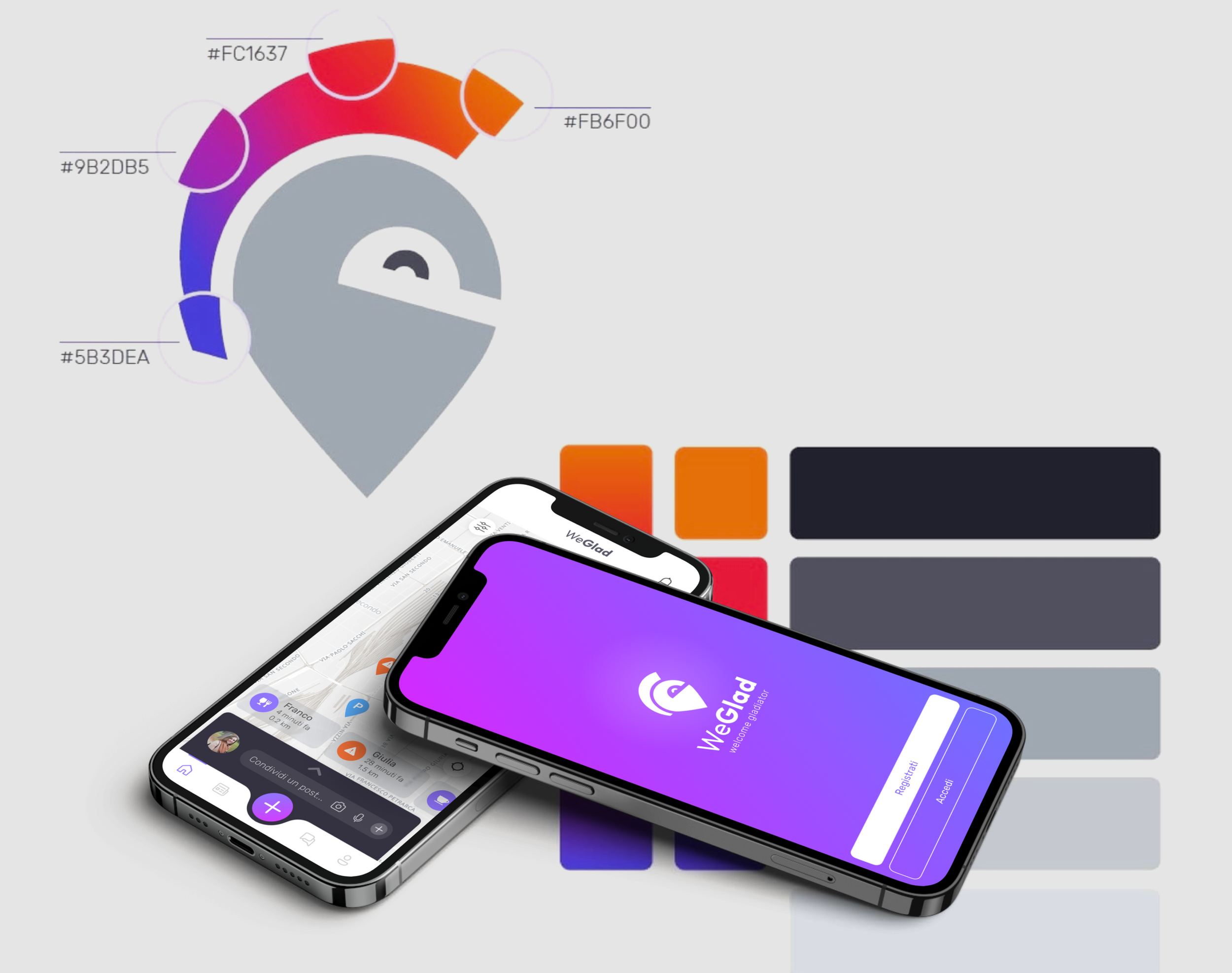 Two smartphones displaying a travel app with a purple theme, surrounded by a color palette and graphic logo. Colors include purple, orange, red, and shades of gray. App name "WeGlad" visible on screen.