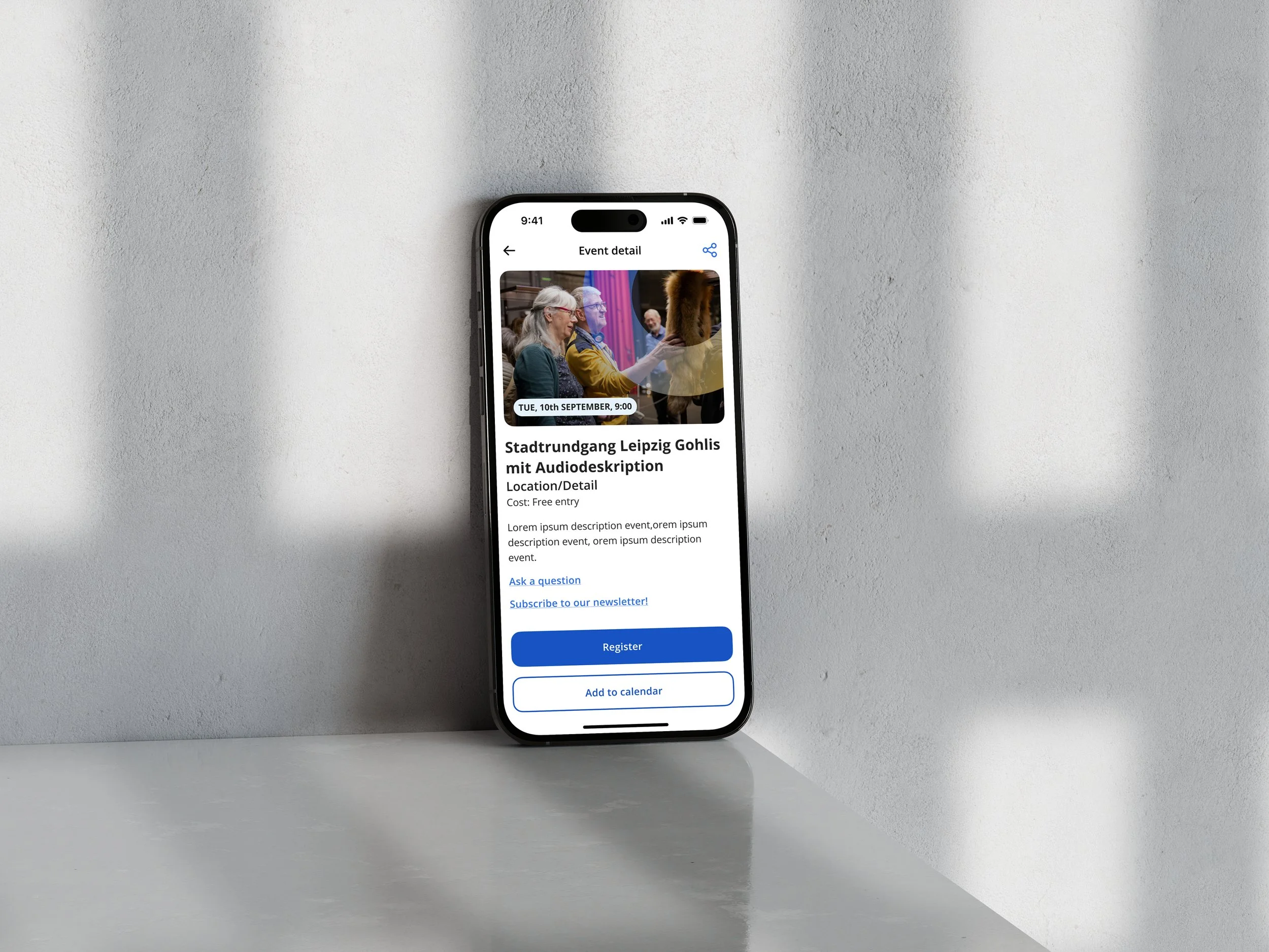 Smartphone displaying an event detail page for "Stadtrundgang Leipzig Gohlis mit Audiodeskription" with options to ask a question, subscribe to a newsletter, register, and add to calendar.