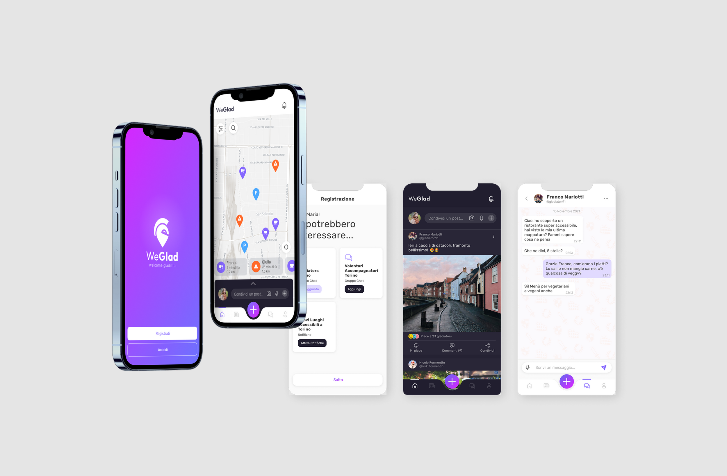 Preview of a mobile app called WeGlad, showing screens with a welcome page, map with location markers, registration form, social feed, and chat interface.