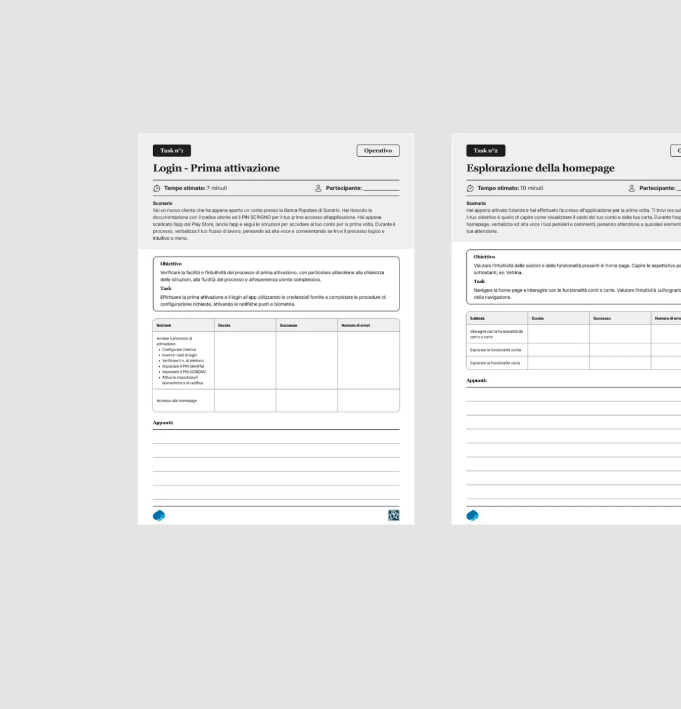 Two user testing documents in Italian, titled "Login - Prima attivazione" and "Esplorazione della homepage," detailing tasks, objectives, scenarios, and evaluation criteria for usability testing of a banking interface. Includes sections for task description, duration, success, and error count.