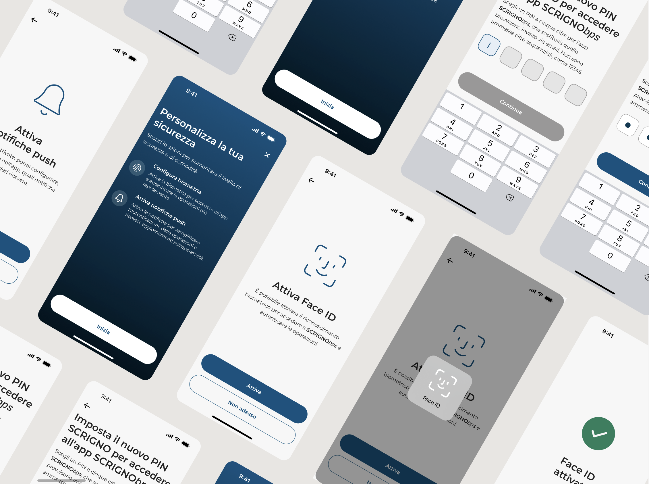 A collection of smartphone app screens in Italian, featuring biometric setup options like Face ID activation, push notifications, and PIN code entry. The screens display a combination of white and dark blue themes with various icons and buttons for user interaction.