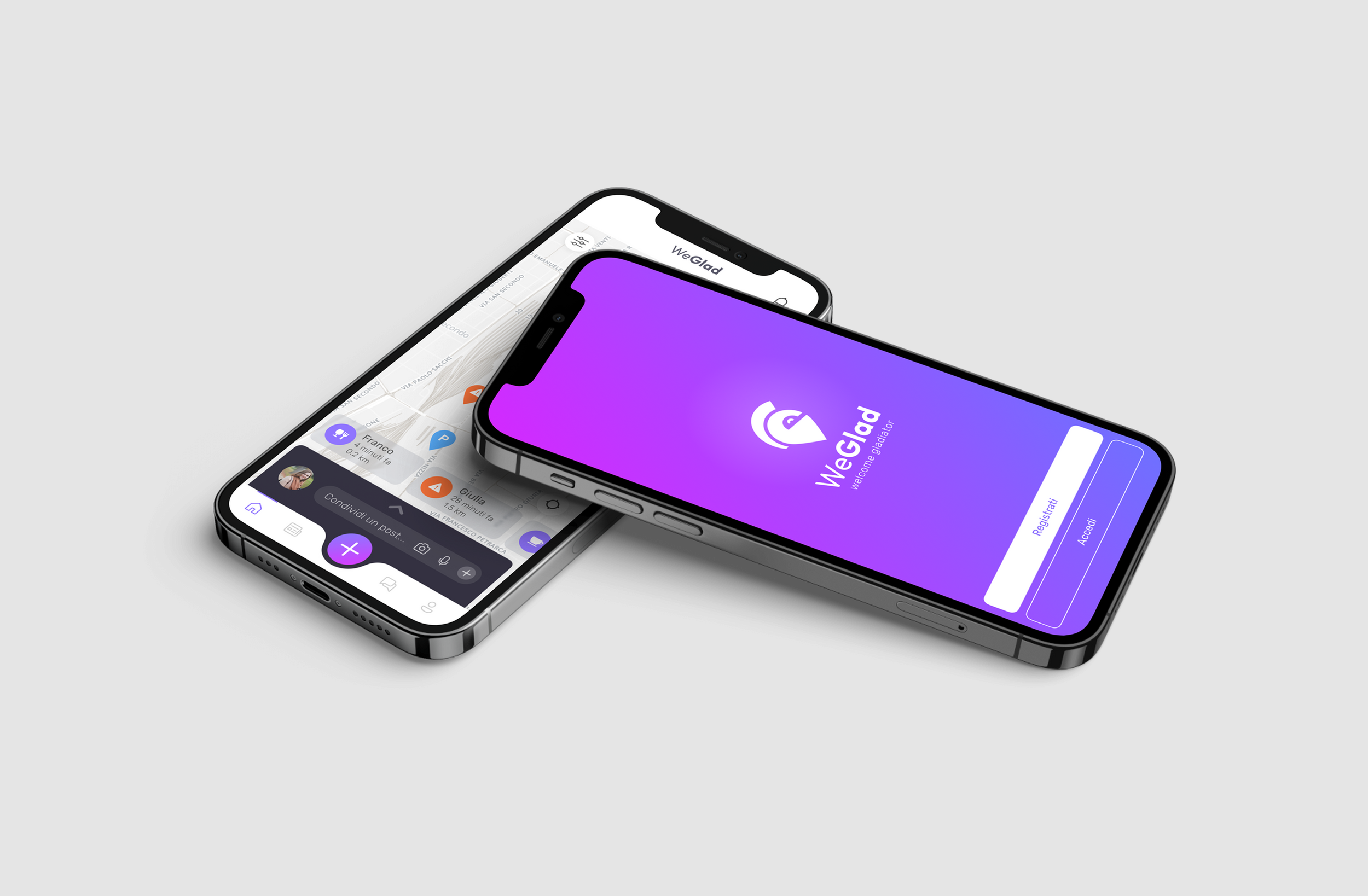 Smartphones displaying navigation and a WeGlad app interface on a light gray background.