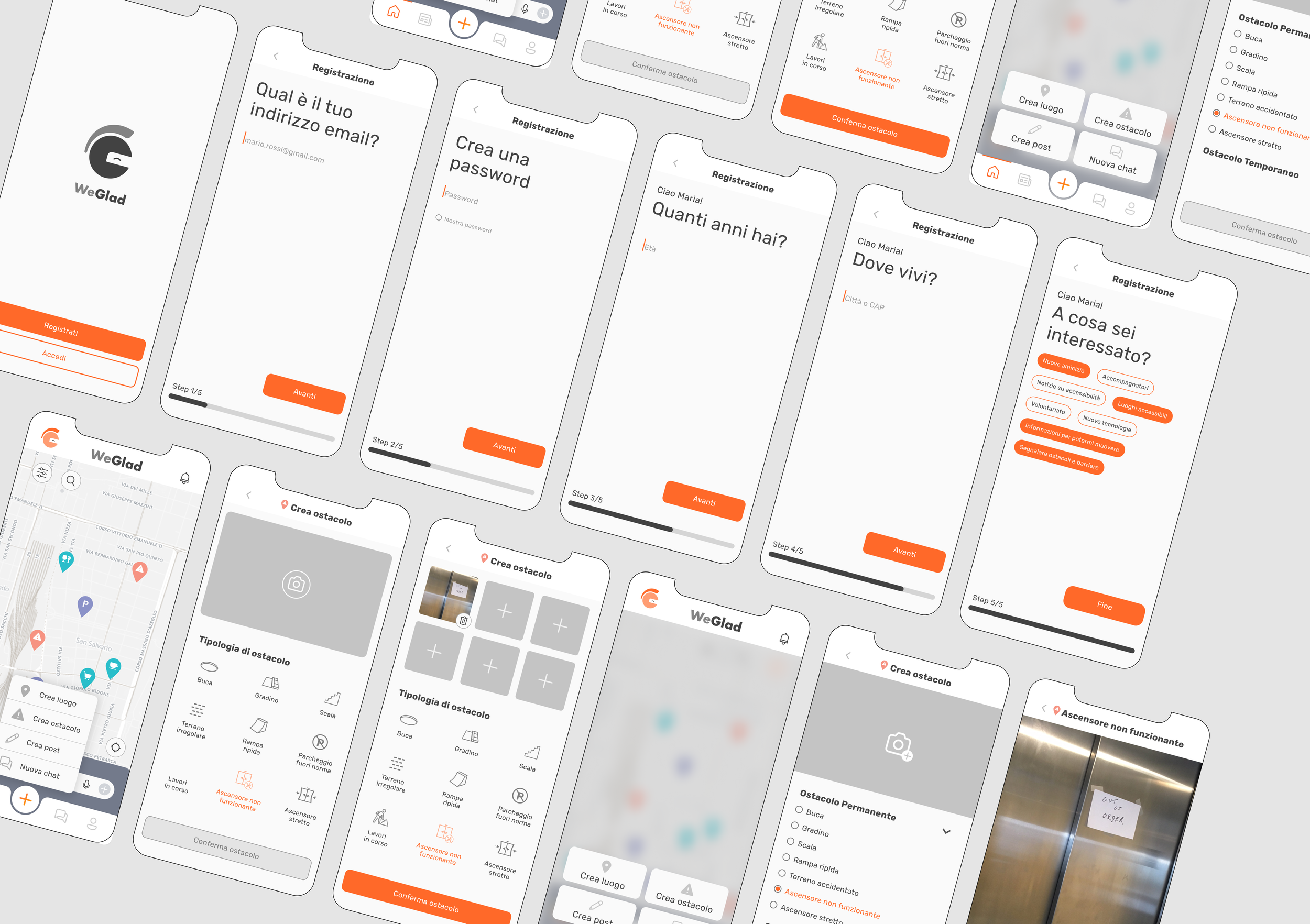 Mobile app registration and interface screens in Italian, showing forms and a user interface for creating and managing obstacles on a map.