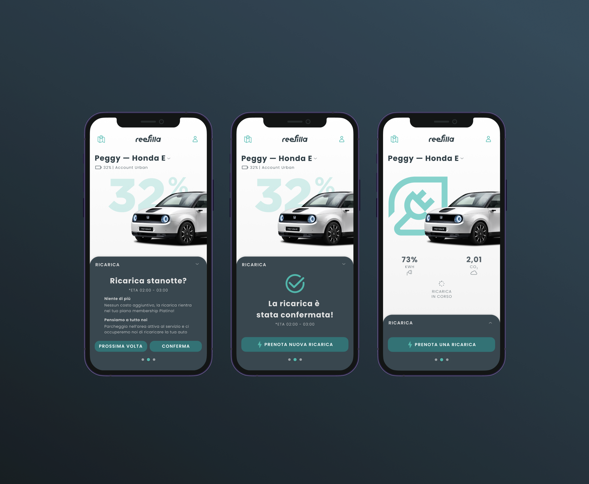 Three smartphone screens displaying an app interface for monitoring an electric vehicle's charging status. The screens show a car model, charging percentage, and status updates in Italian. The app displays graphics and text indicating current charging level, confirmation of charging, and options for scheduling future charges.
