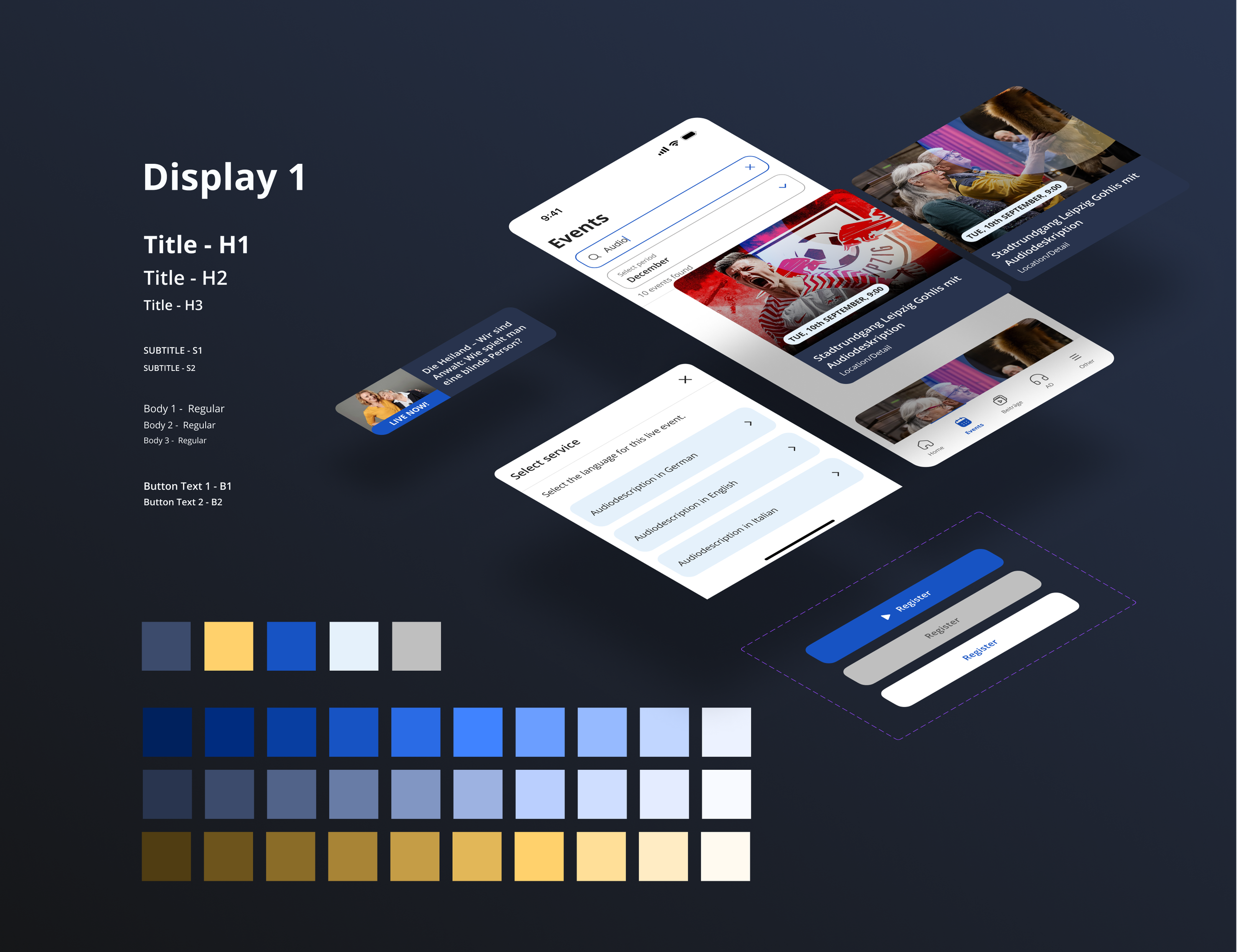 UI design concept with mobile screens showcasing event listings and a selection menu, typography styles, and color palette swatches on a dark background.