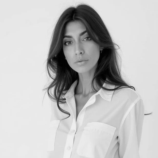 Black and white portrait of a woman with long hair, wearing a button-up shirt, looking at the camera.
