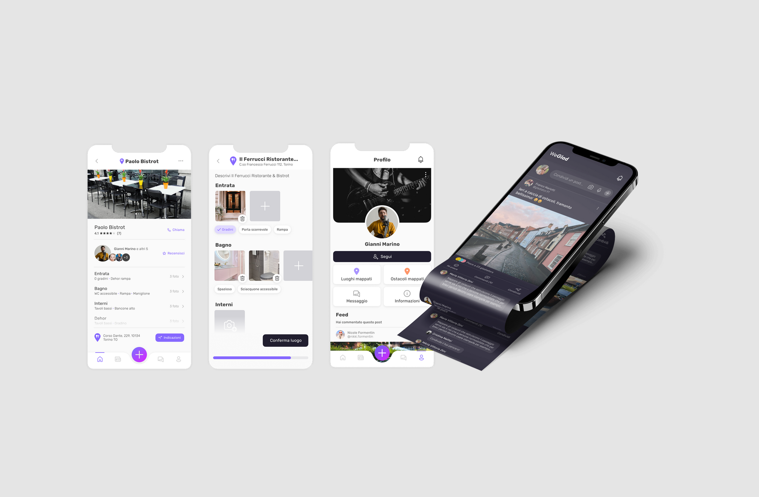 Mobile app interface mockup showing three smartphones displaying various screens, including restaurant profiles, user profiles, and community feeds, with a focus on accessibility features like ramps and spacious entries.