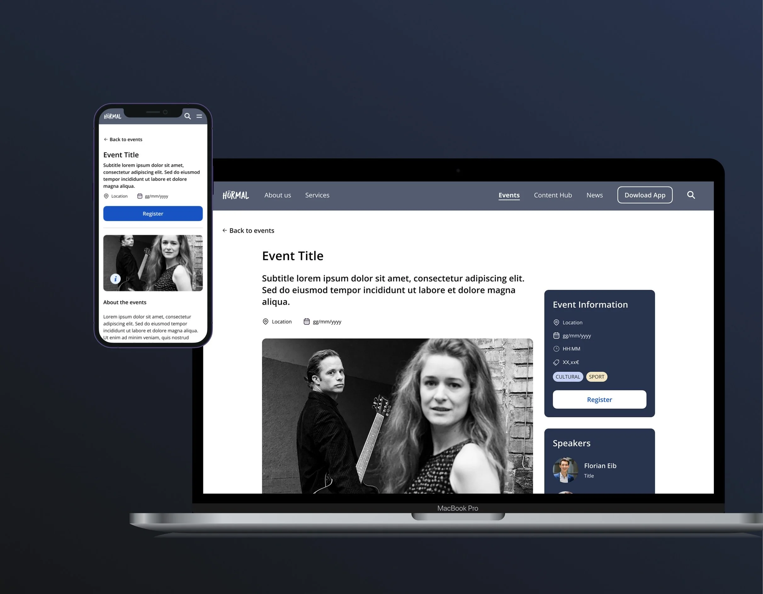A smartphone and a MacBook displaying a webpage for an event titled 'Event Title'. The page includes a black-and-white photo of two people, a registration button, event information, and speaker details. The navigation menu includes options like 'About us', 'Services', and 'Events'. The theme is consistent across both devices.
