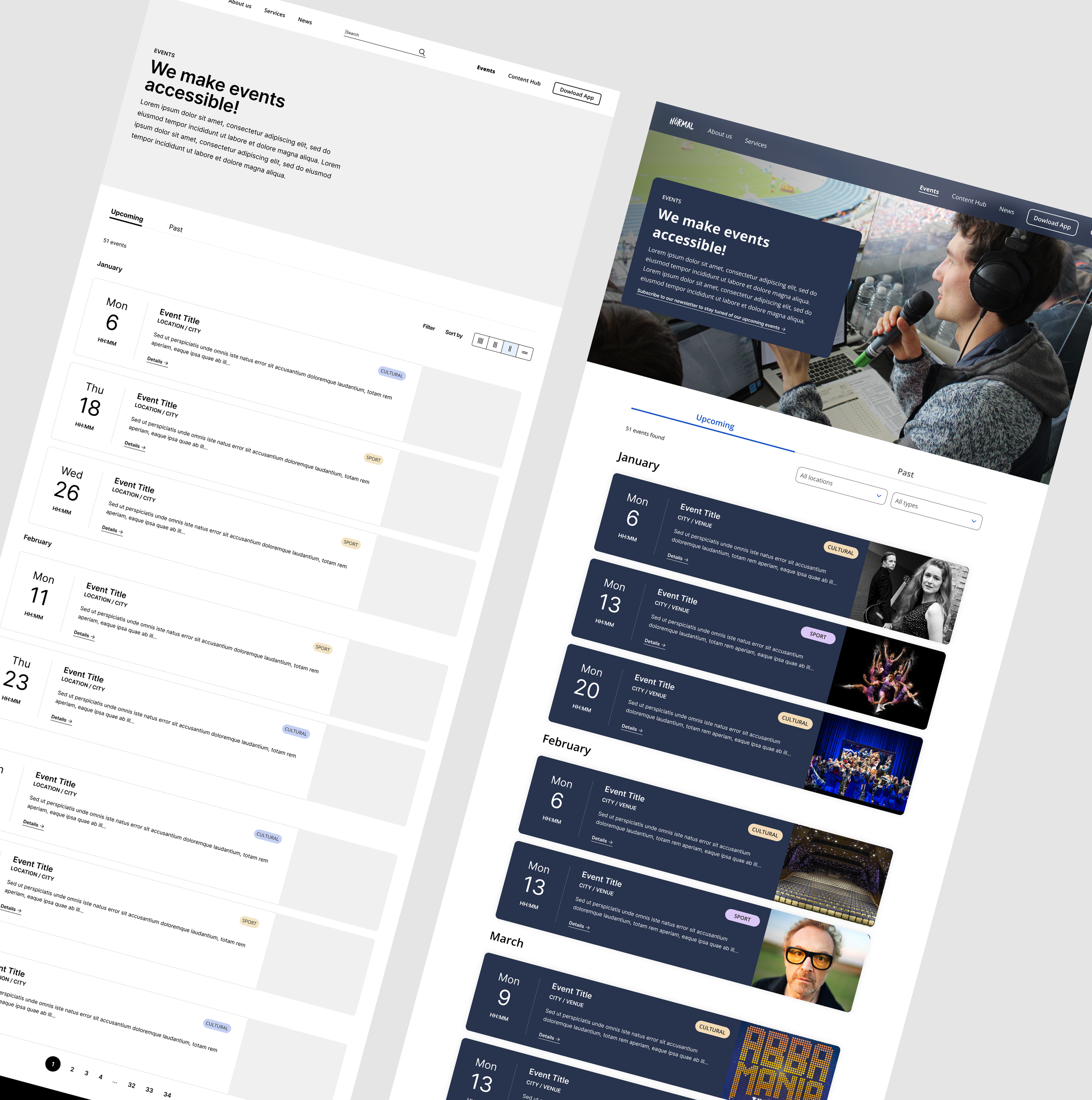 Two event schedule web page designs with sections for upcoming events, alternating layout and color schemes, including dates and event titles; one page shows a person speaking into a microphone.