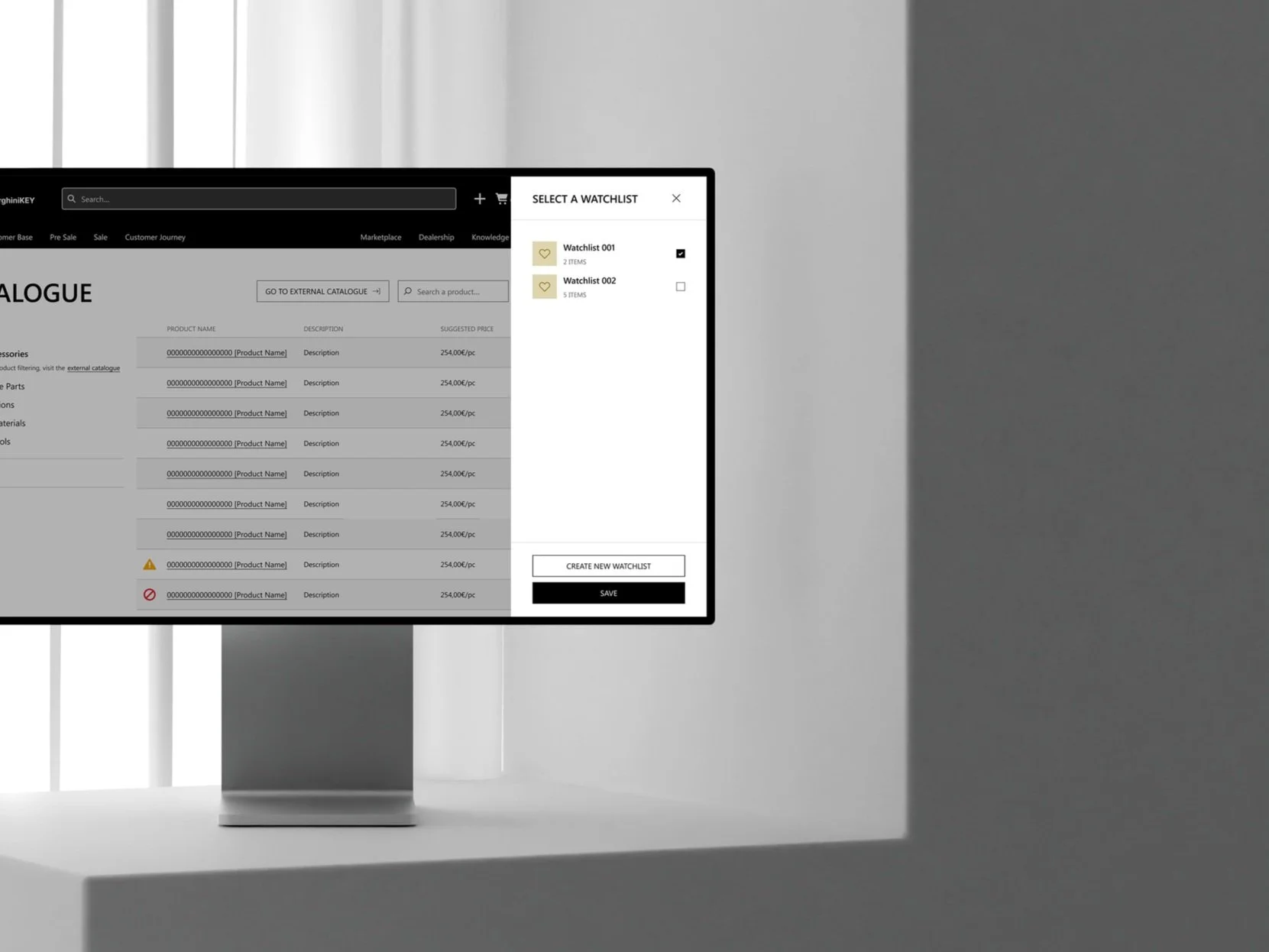 Computer monitor displaying a catalog interface with product names, descriptions, and prices, alongside a 'Select a Watchlist' menu. Options to create a new watchlist and save are visible on the right. The background is minimal with a light gray wall.