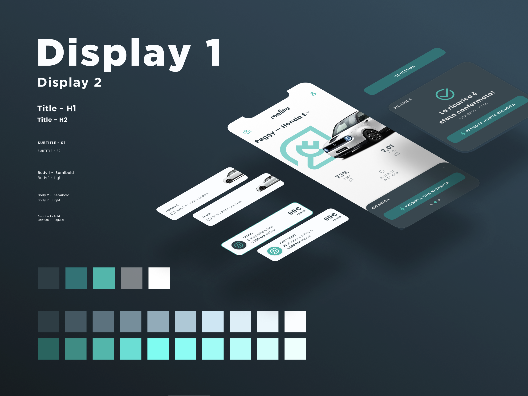 Mobile app user interface design showcasing font choices, color palette, and layout with car images and statistics.