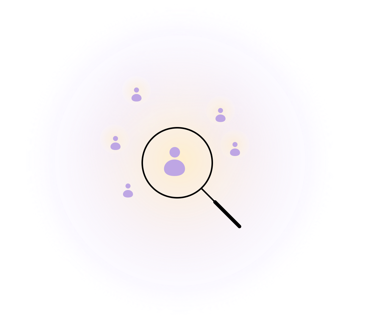 Illustration of magnifying glass over person icon on purple background with smaller person icons.