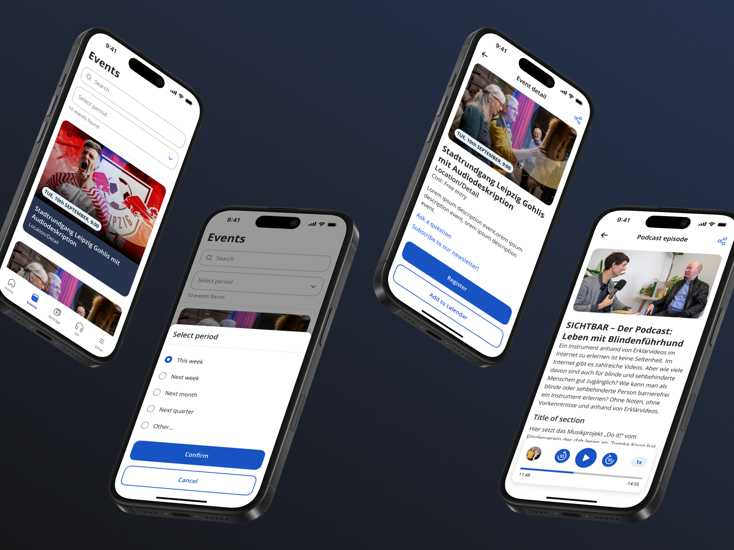 Collage of four smartphone screens displaying an events app interface, featuring event details, a search option, a period selector, and a podcast episode screen.