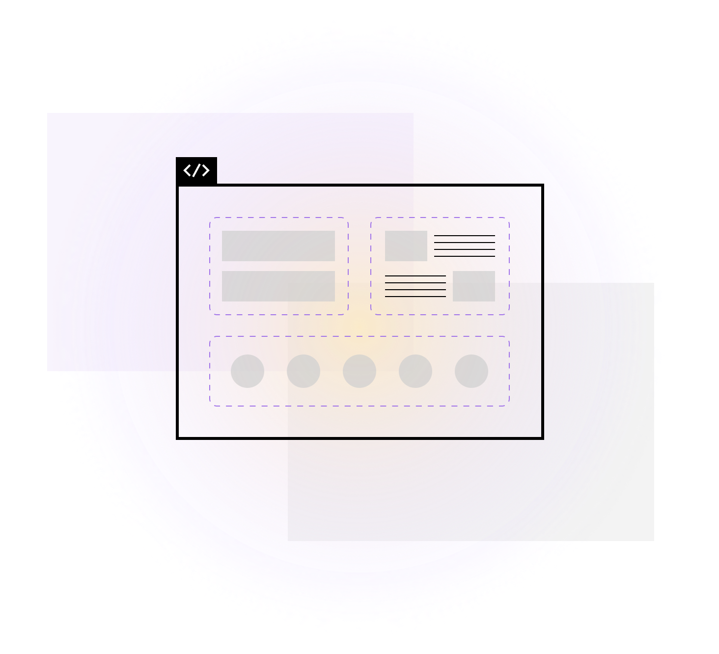 Abstract illustration of a webpage layout with code symbol in a purple and gray gradient circle background.