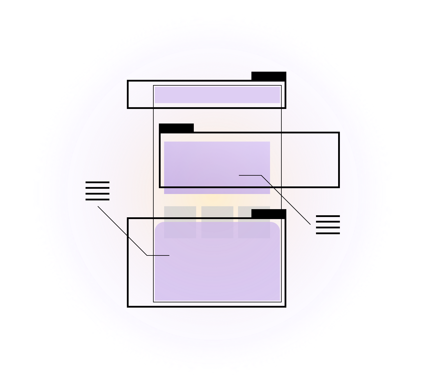 Abstract design with rectangles and lines on purple background