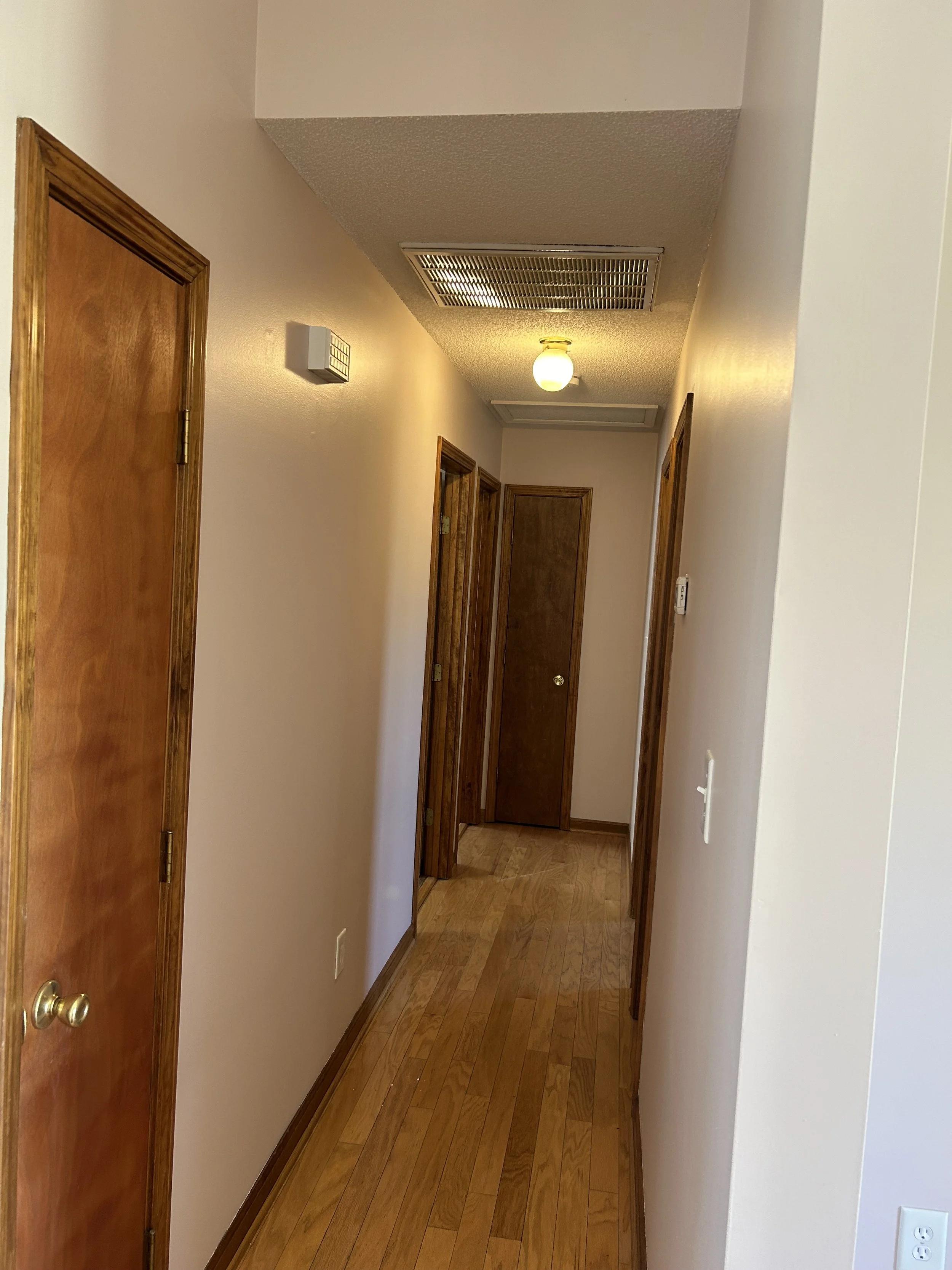 A narrow hallway with wooden doors and a hardwood floor, illuminated by ceiling light fixtures.