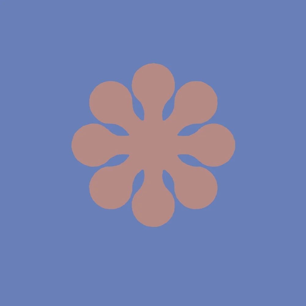 A stylized flower with eight petals in pink or beige on a light blue background.