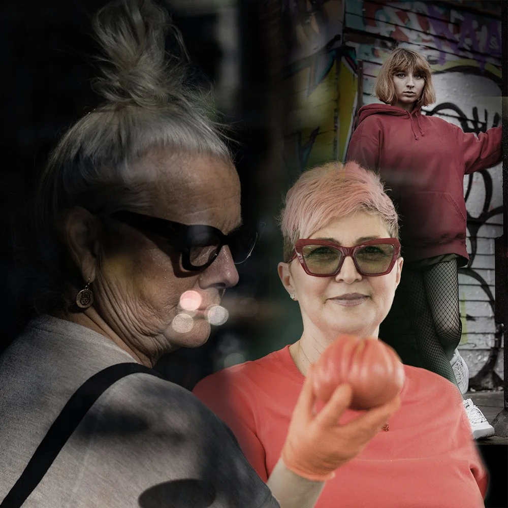 A composite image featuring an elderly woman with glasses and earrings looking down, a woman with short blonde hair wearing glasses and a coral-colored shirt smiling and holding a small pumpkin, and a young woman with shoulder-length blonde hair in a