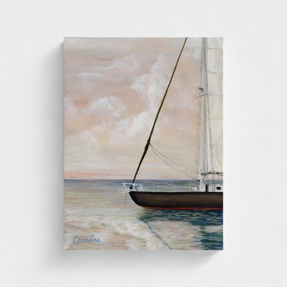 sailboat cruising with a mediterranean sunset painting and wall art