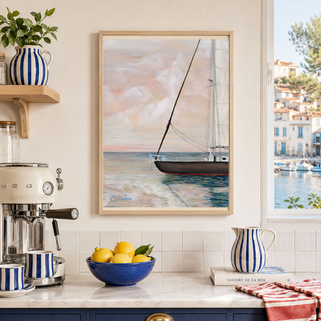 Mediterranean kitchen design with sailboat sunset painting wall art