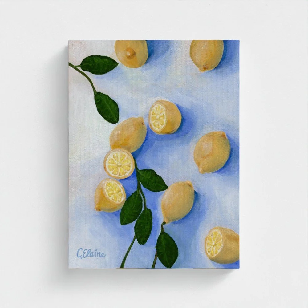 Dolce vita art collection painting of lemons on a blue background
