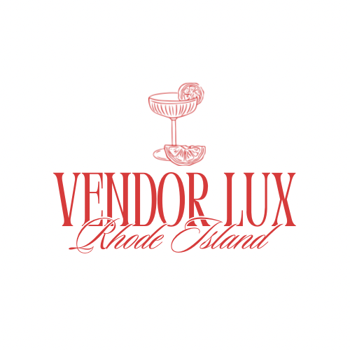 Logo for Vendor Lux Rhode Island featuring a stylized cocktail glass with a garnish and lemon slice, with red text reading "Vendor Lux" and elegant script "Rhode Island" underneath.