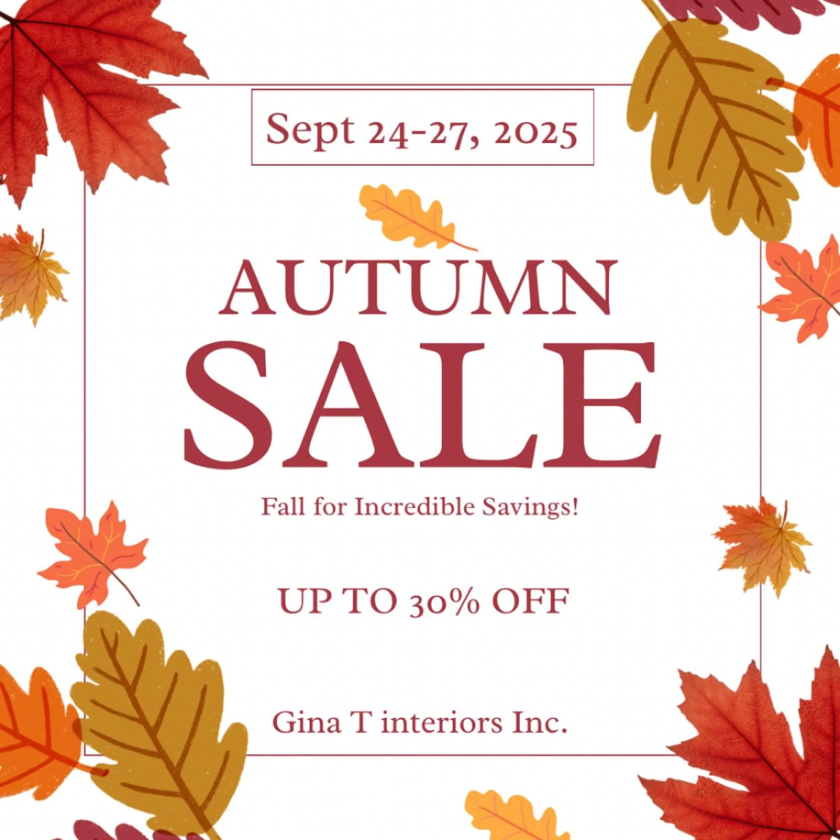 Fall SALE starting Sept 24-27th. Come check it out at Gina T Interiors, Inc.!!

#fallsale 
#fallismyfavoriteseason🍁🍂🎃