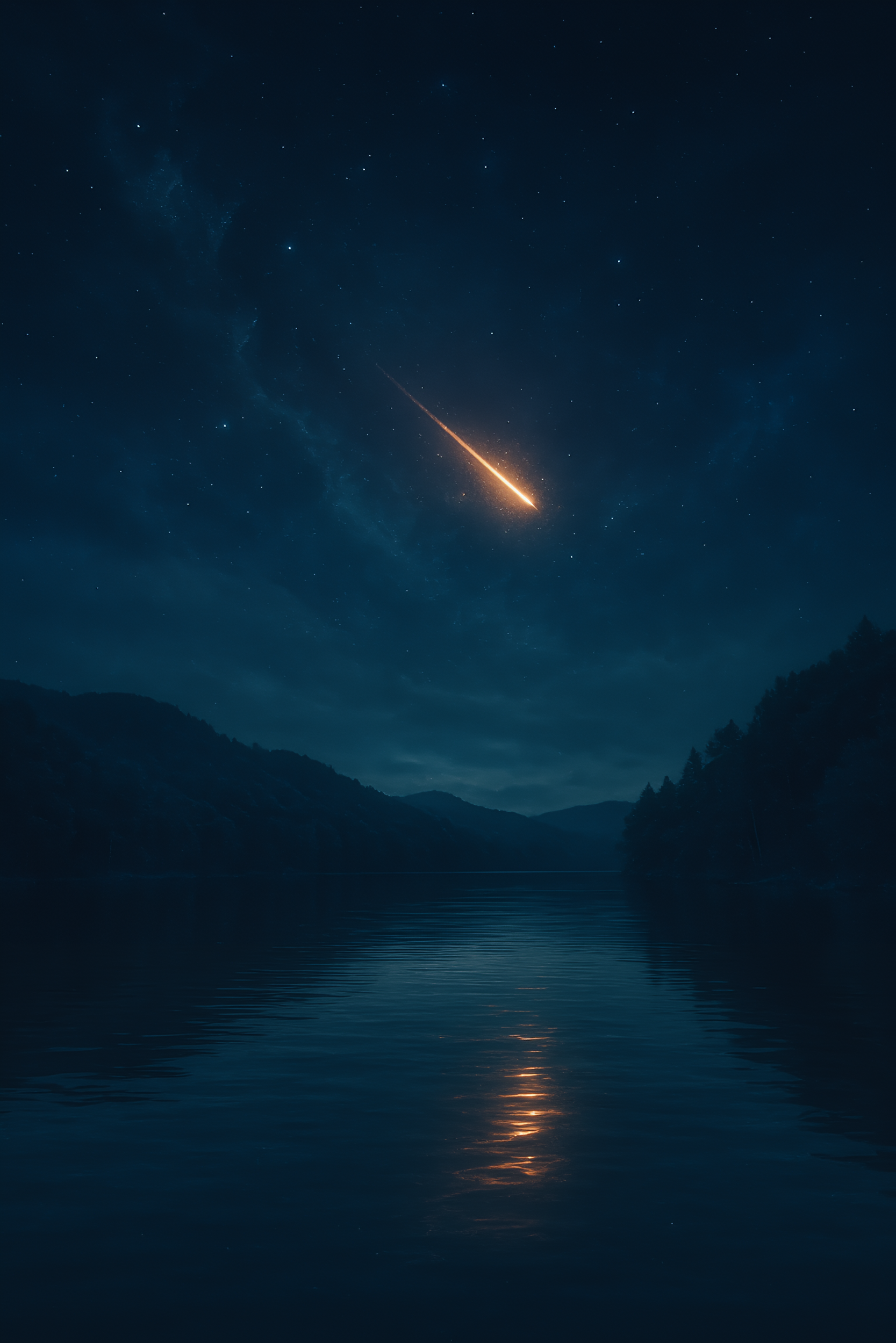 A starry night sky with a bright meteor streaking downward, over a calm lake surrounded by dark mountains.