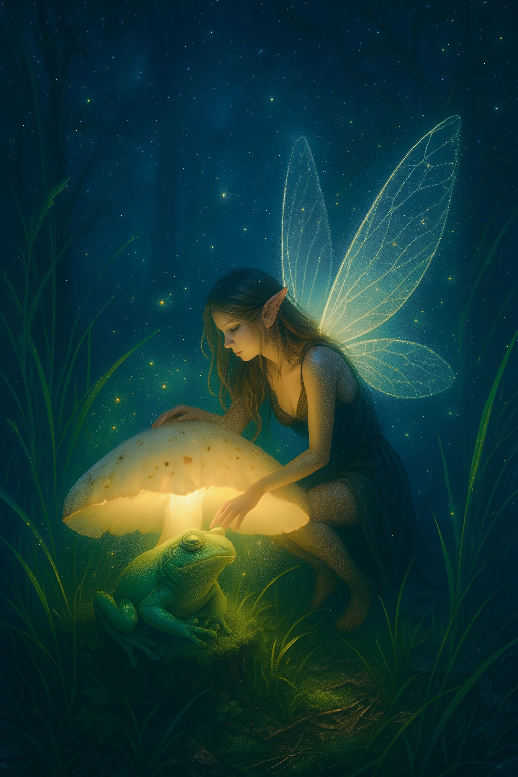 Fantasy image of a fairy with glowing butterfly wings, pointing at a glowing mushroom near a frog in a nighttime scene with stars and grass.