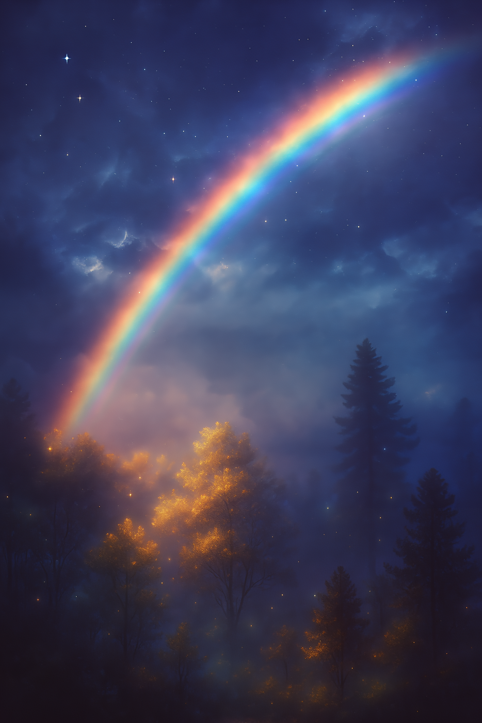 A vibrant rainbow arches across a night sky filled with stars, with trees illuminated by a mysterious golden glow in the foreground.