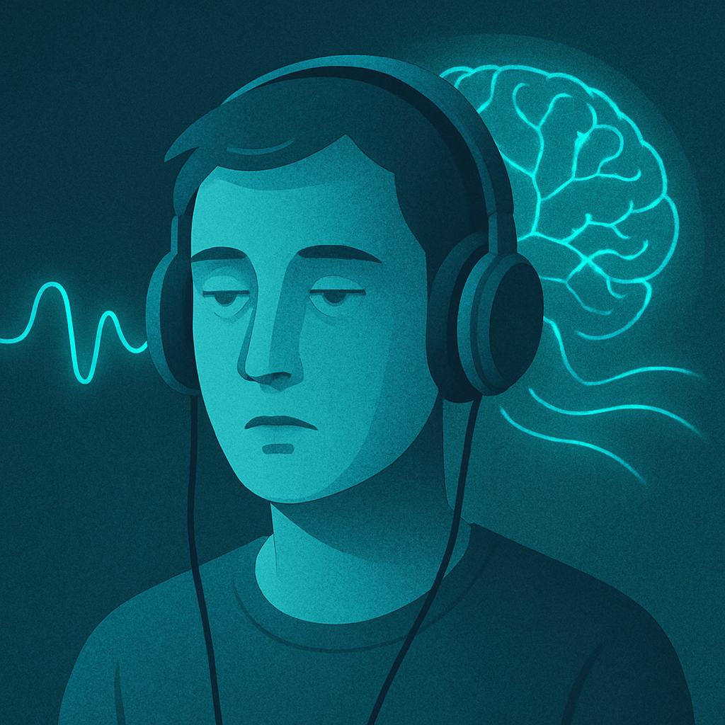 ヘッドホンをつけたジェンダーニュートラルな人物が、ぼんやりと前を見つめているコンセプチュアルなデジタルイラスト。頭を通り抜ける透明な音波は認識されておらず、その背後には活発な神経経路を持つ発光する脳の輪郭が描かれ、受動的なリスニングと能動的な処理の対比を表している。