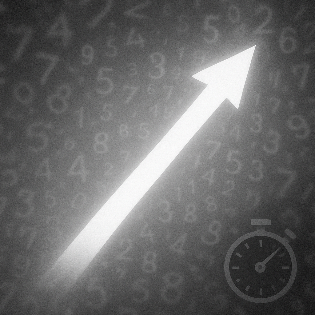 ぼやけた数字や文字が混在する混沌とした背景を、一本の白い道が真っ直ぐに貫くデジタルイラスト。隅には控えめなストップウォッチのアイコンがあり、明確さと効率的な時間処理を表している。