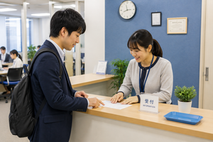 A Japanese male customer asks a service employee about delivery timing while the employee checks information on a computer.
