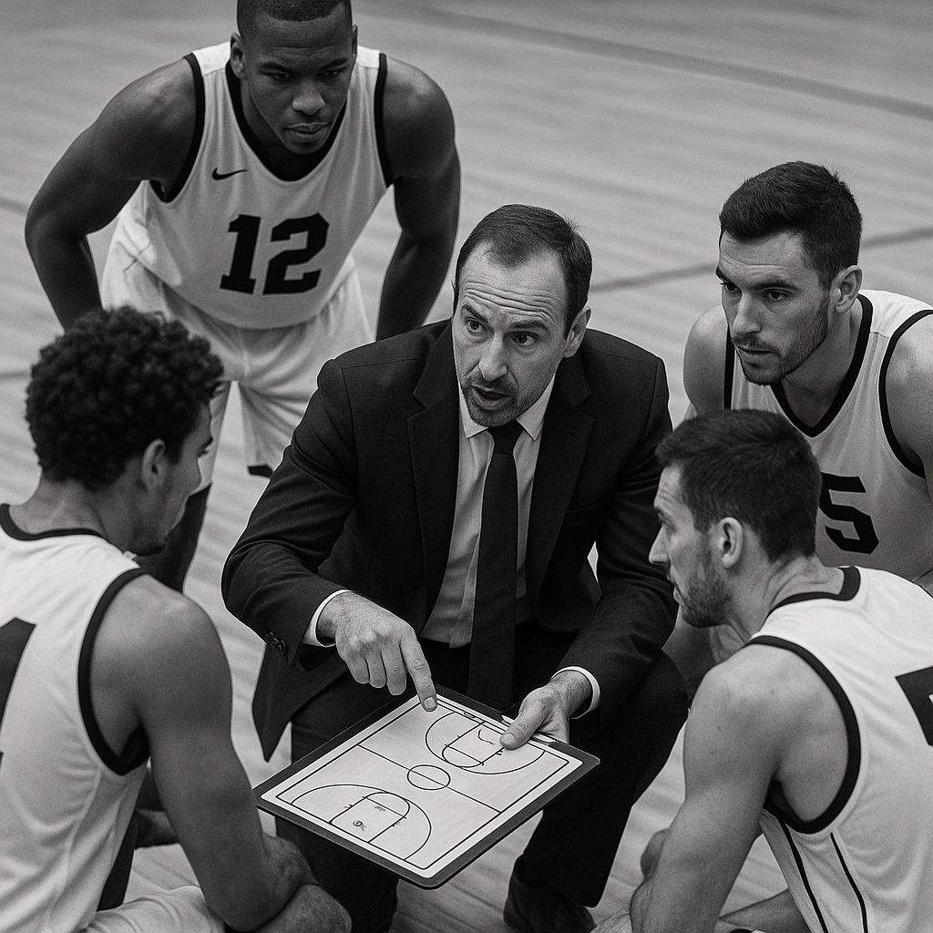 白黒写真で、ハーフタイム中に戦術ボードを指しながら選手たちに指示を出すバスケットボールのコーチが映っている。選手たちは真剣な表情でコーチの話を聞いている。