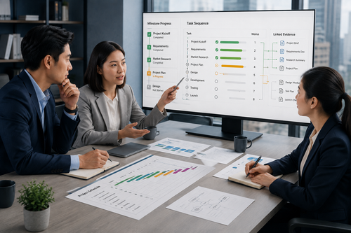 A project team reviews a milestone sequence, task status and linked project evidence during a meeting.
