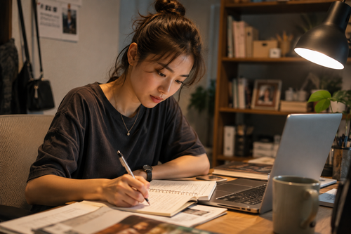 Japanese professional studying during a lunch break at her office