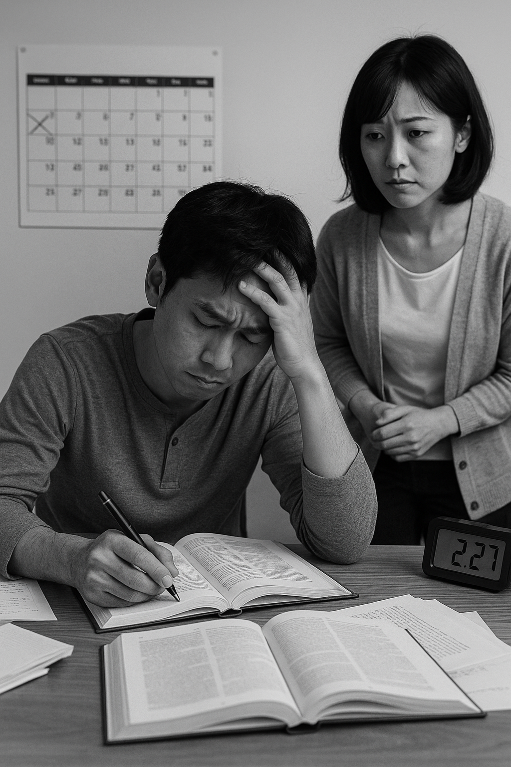 白黒写真。日本人の男性が机で勉強中に頭を抱え、焦りの表情を見せている。開かれた参考書やタイマー、後ろのカレンダーが差し迫った締め切りを示している。横には女性が立ち、心配そうに見守っている。