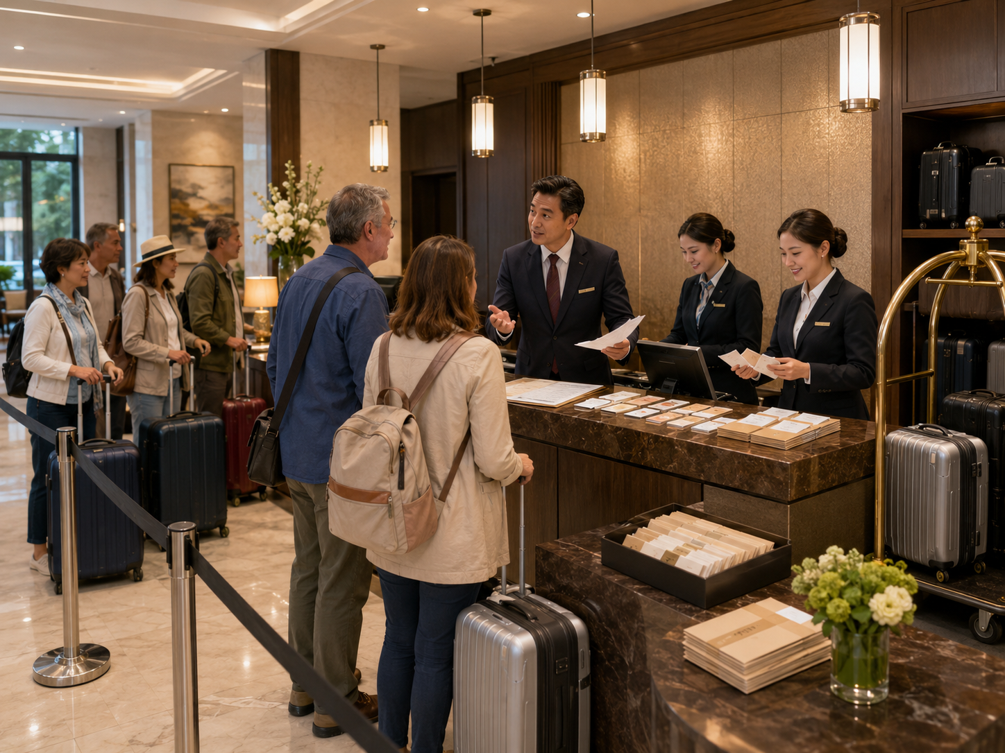 Hotel staff coordinating key cards, room assignments and luggage for a large tour group.