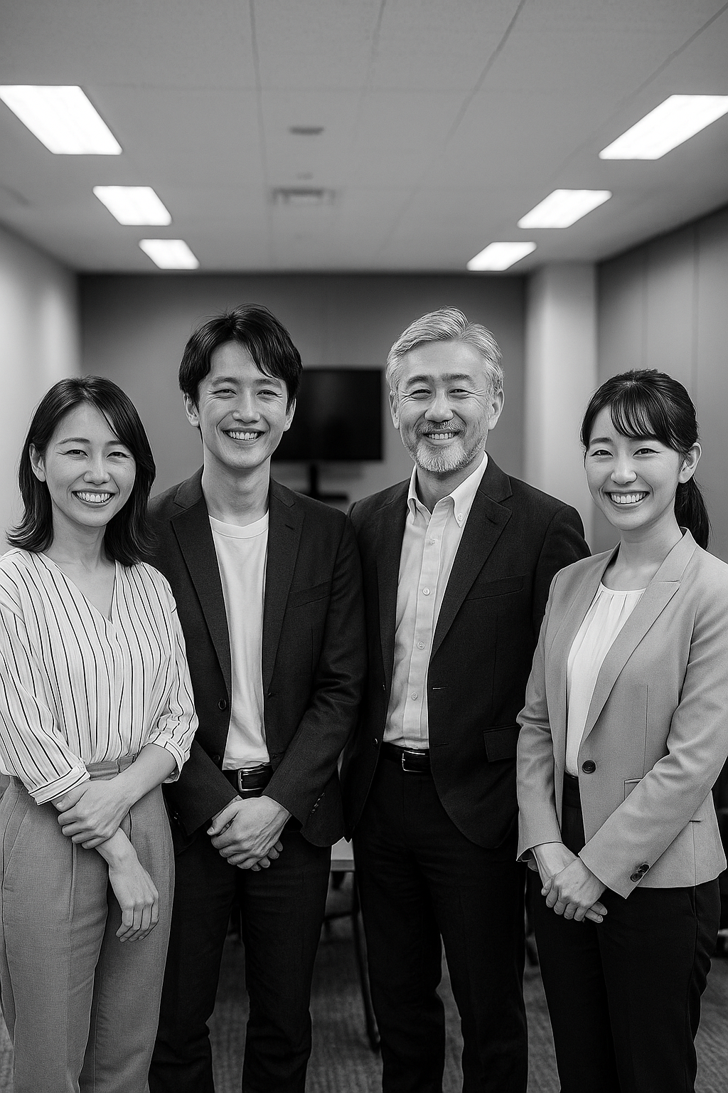 年齢や服装の異なる4人の日本人オフィスワーカーが、現代的な会議室で笑顔で並んで立っている。チームの達成感と一体感を感じさせる雰囲気。