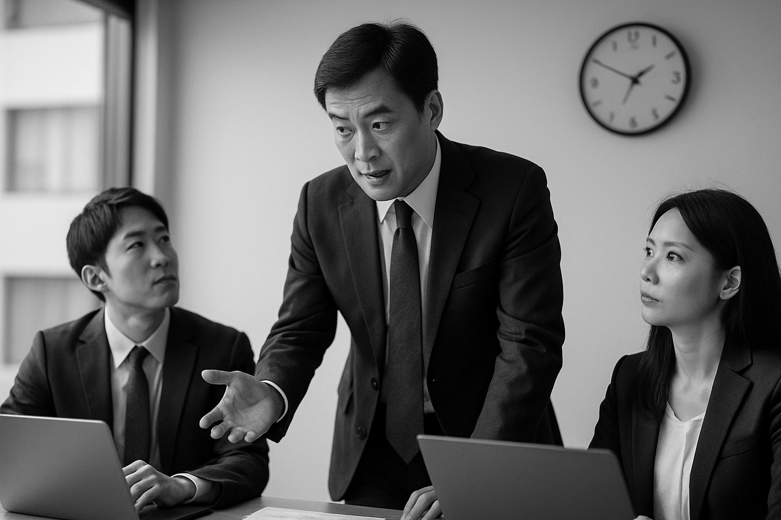 A Japanese man in a business suit is leading a meeting, speaking with two colleagues seated at a table with laptops. A clock is visible on the wall behind them.