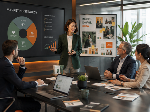 Sales and marketing team presenting a business campaign