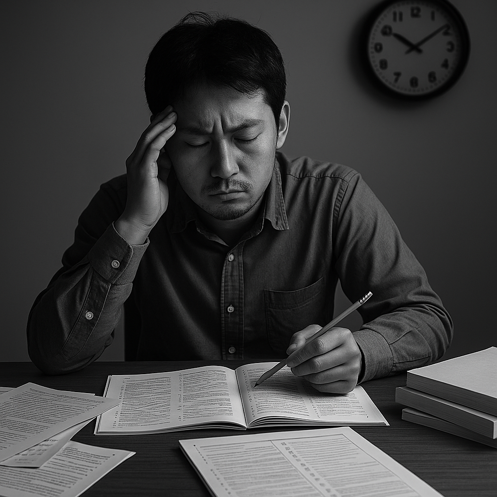 A black and white image of a Japanese TOEIC test taker in their room at night practicing the test and looking as if he is making no progress