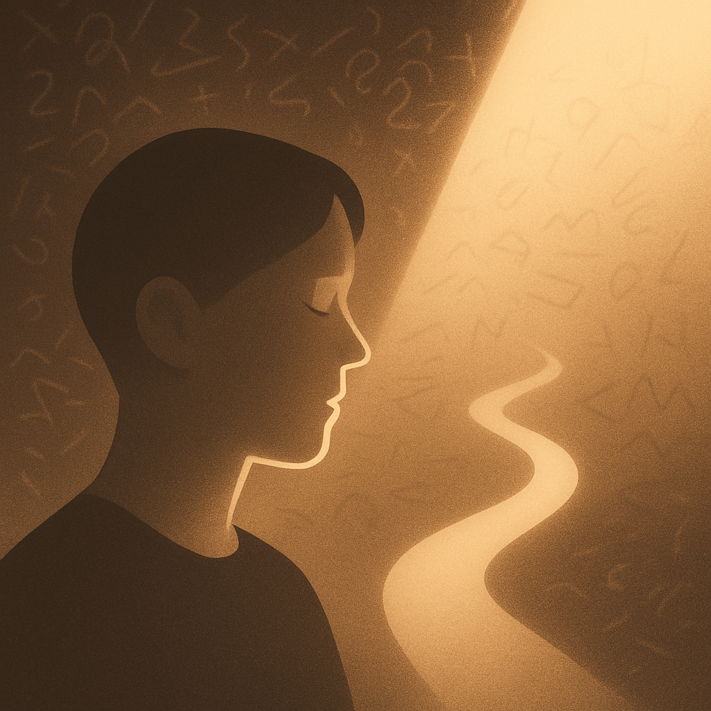 温かみのある色調で描かれたデジタルイラスト。性別が特定されない人物が穏やかな表情で前を見つめ、スポットライトが明確でまっすぐな道を照らしている。背景には混乱を象徴するぼやけた線や記号が広がっており、「混乱の中からの明瞭さ」を表現している。