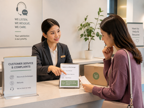 Customer and staff member resolving a service problem