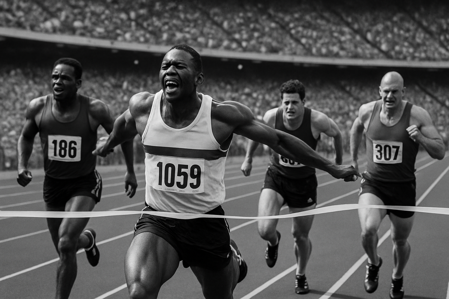 主要な陸上競技大会で、4人のエリート短距離選手がゴールラインを全力で駆け抜ける白黒写真。接戦の中で1人がわずかにリードし、競技の緊張感と迫力が伝わるシーン。