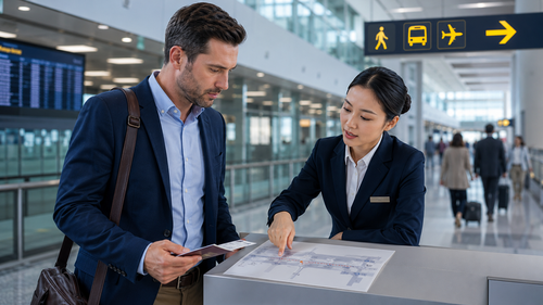 Business traveller receives transfer instructions from airport staff while checking an itinerary for a tight connection.