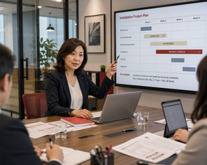 A Japanese account manager and service team discuss a priority client delivery plan in a meeting room with subtle red visual accents.