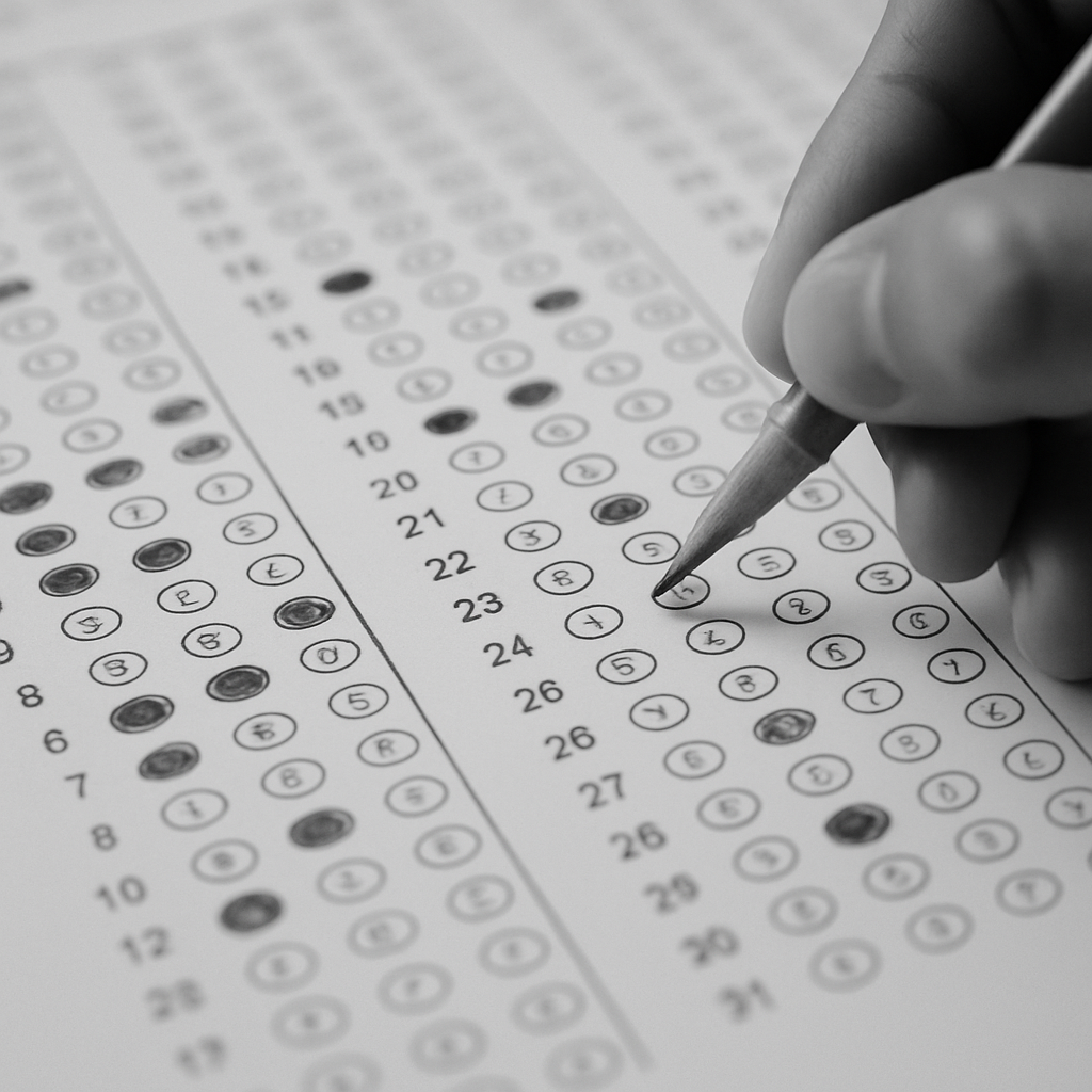 鉛筆で一部がマークされたマークシート式の解答用紙を写した白黒写真。手に持った鉛筆が次の回答を選ぼうとしているようにページの上に浮かんでいる。テスト名や文字は表示されていない。