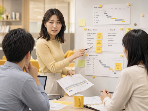 A project lead presenting a revised project timeline and delay-impact notes to two colleagues.